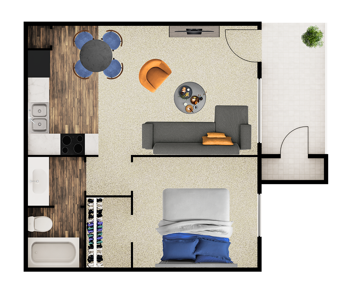 Floor plan for 1 bed, 1 bath, 500 sqft
